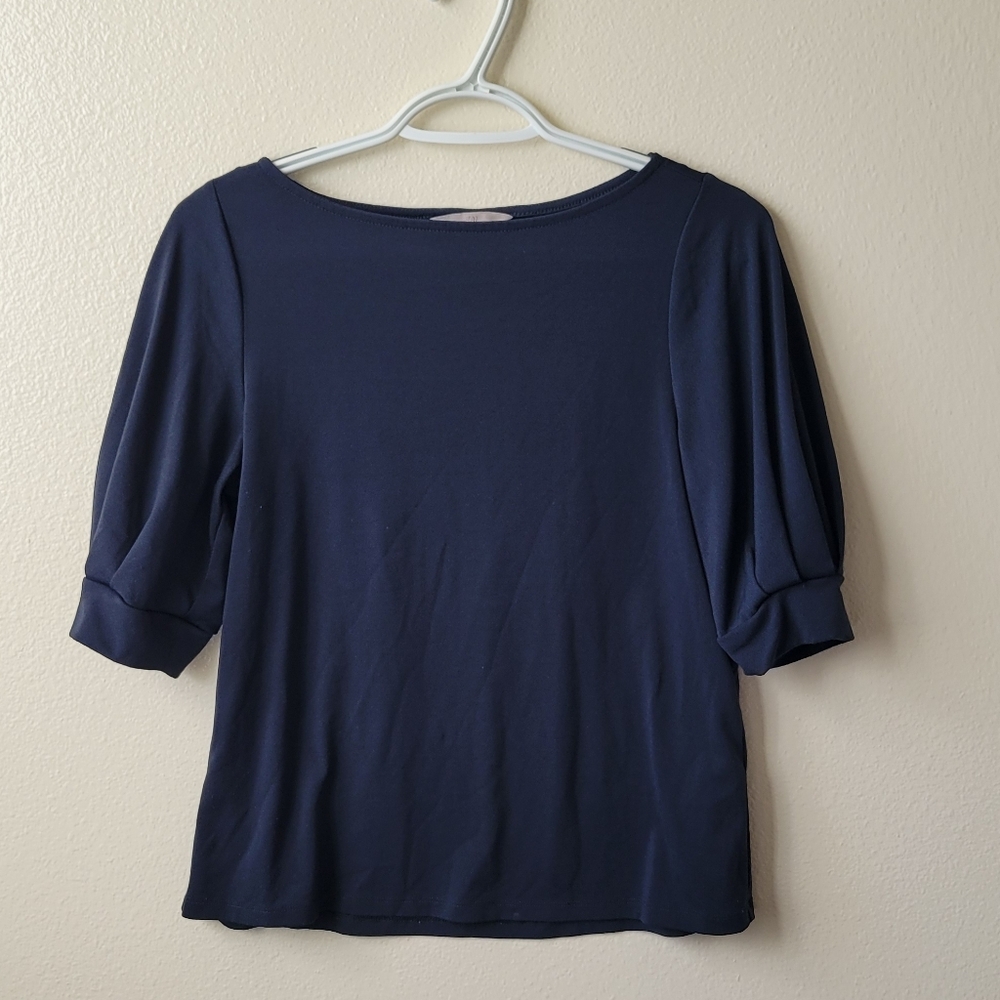 H&M Navy Blue Crepe Top Casual 3/4 Short Sleeve Boat Neck Blouse Womens XS